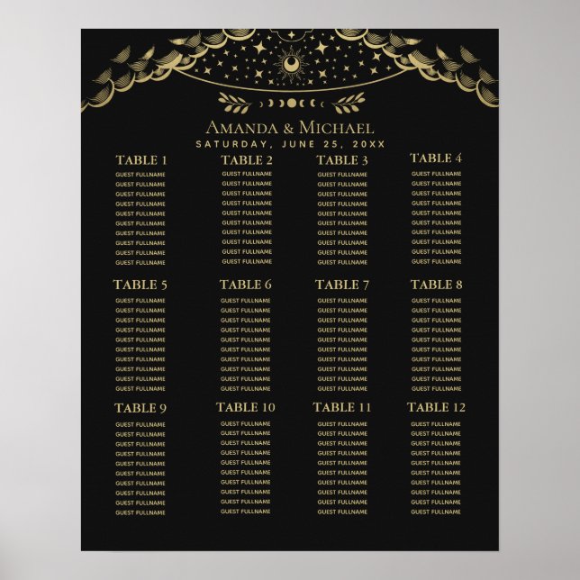 Poster Gold Elegant Mystical Tarot Wedding Seating Chart (Frente)