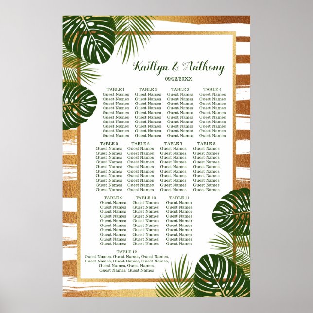 Poster Gold Foil & Green Palm Leaf Beach Wedding Seating (Frente)
