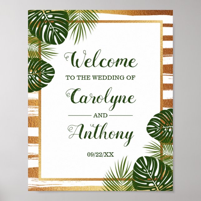 Poster Gold Foil & Green Palm Leaf Beach Weding Welcome (Frente)