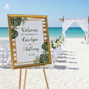 Poster Gold Foil & Green Palm Leaf Beach Weding Welcome