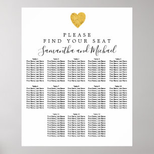 Poster Gold Foil Heart 13-Table Wedding Seating Chart