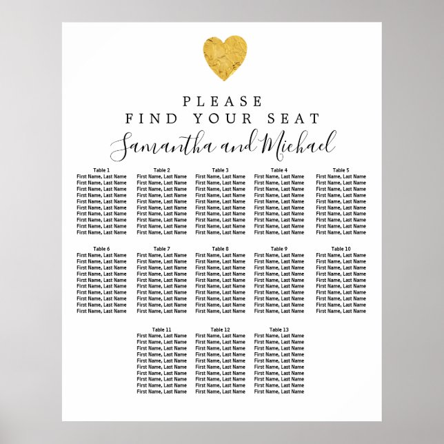 Poster Gold Foil Heart 13-Table Wedding Seating Chart (Frente)