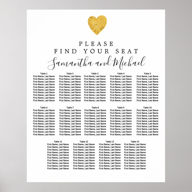 Poster Gold Foil Heart 14-Table Wedding Seating Chart (Frente)
