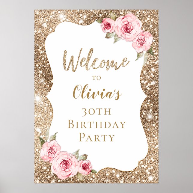 Poster Gold glitter floral 30th birthday welcome sign (Frente)