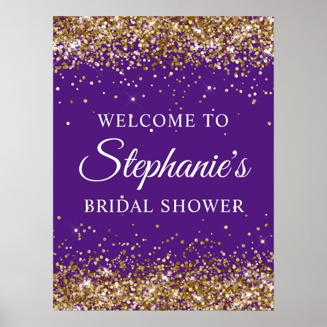 Poster Gold Glitter Royal Purple Bridal Shower Welcome (Frente)