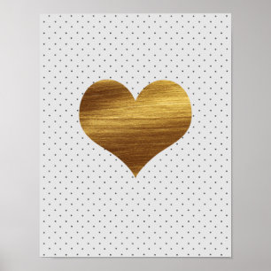Pôster Gold Heart With Black and White Polka Dots Print
