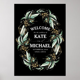 Poster Gold Leaves Greenery Black Wedding Welcome