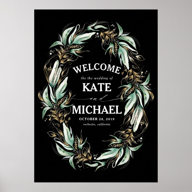 Poster Gold Leaves Greenery Black Wedding Welcome (Frente)