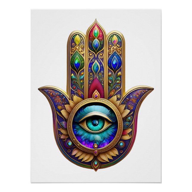 Pôster Gold Peacock Colors Hamsa Green Sapphire Third Eye (Frente)