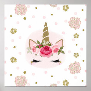 Poster Gold & Pink Unicorn Flower Blooms Trendy Cute