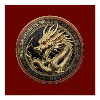 Pôster Gold Sacred Eastern Dragon Medallion