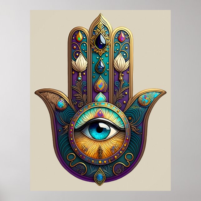 Poster Gold Violet Teal Hamsa w/ Turquoise Third Eye (Frente)