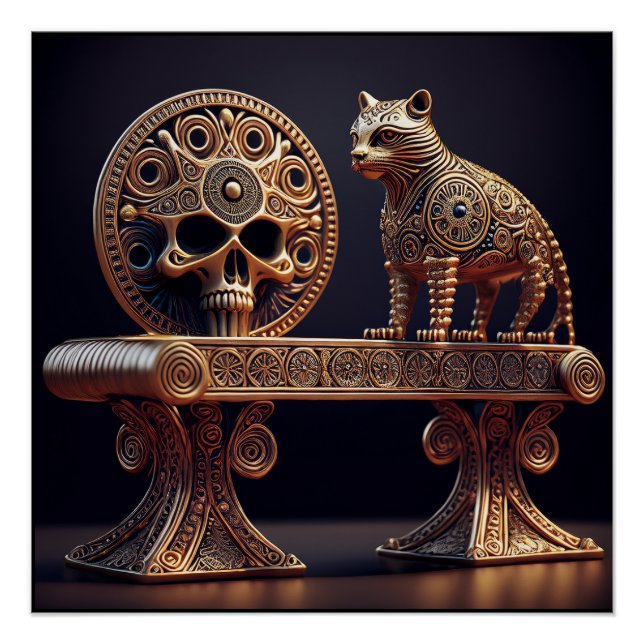 Pôster Golden Android Cat On Pedestal With Skull Shield (Frente)