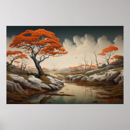 Poster Golden Autumn Dreamscape With Orange Trees Fantasy