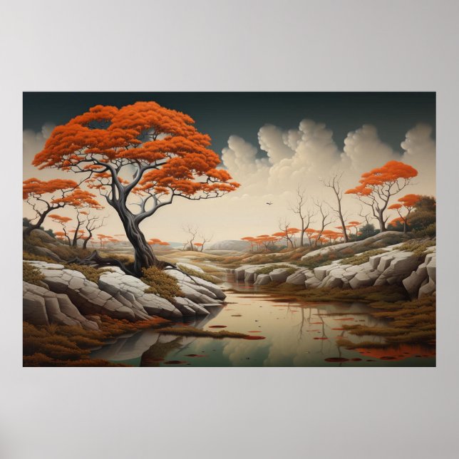 Poster Golden Autumn Dreamscape With Orange Trees Fantasy (Frente)