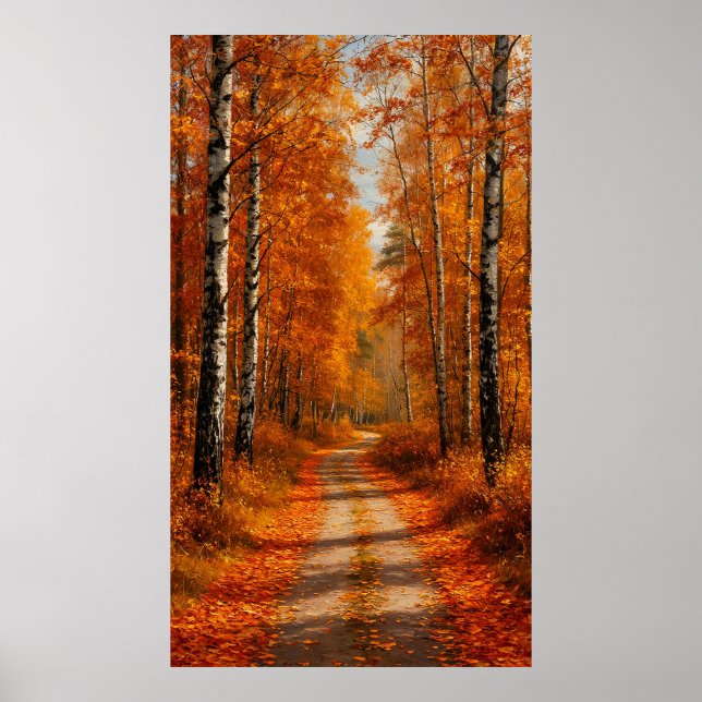 Poster 🍂 Golden Birch Forest Path in Soft Autumn Light ✨ (Frente)
