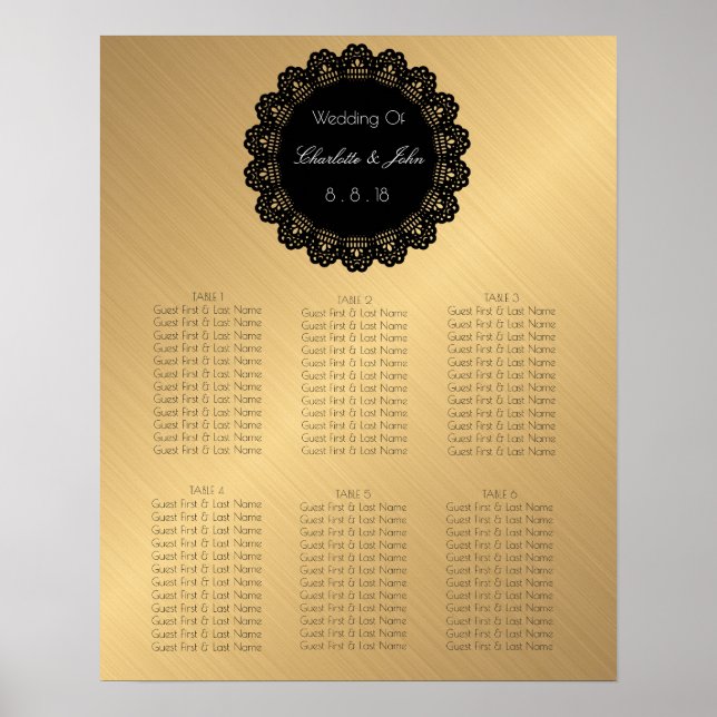 Poster Golden Black Lace Circle Wedding Seating Chart (Frente)