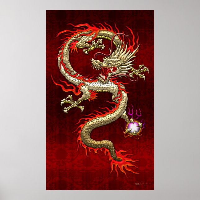 Poster Golden Chinese Dragon Fucanglong on Red Silk (Frente)