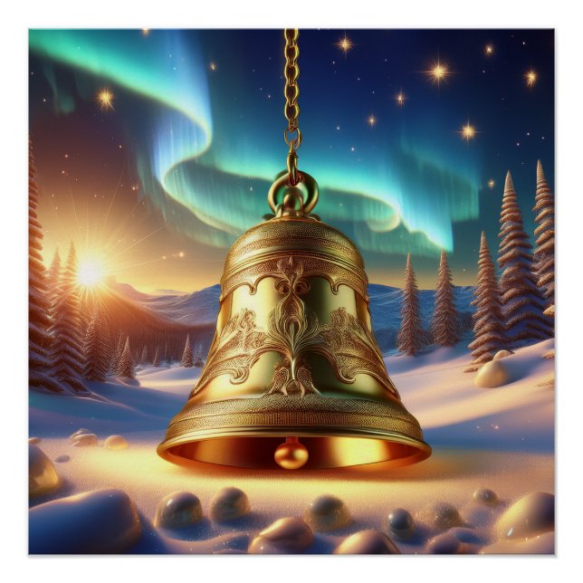 Pôster Golden Christmas Bell  Snowy Winter Scene Glossy (Frente)