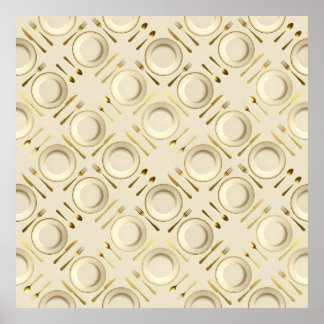 Poster golden cutlery and white circular plates
