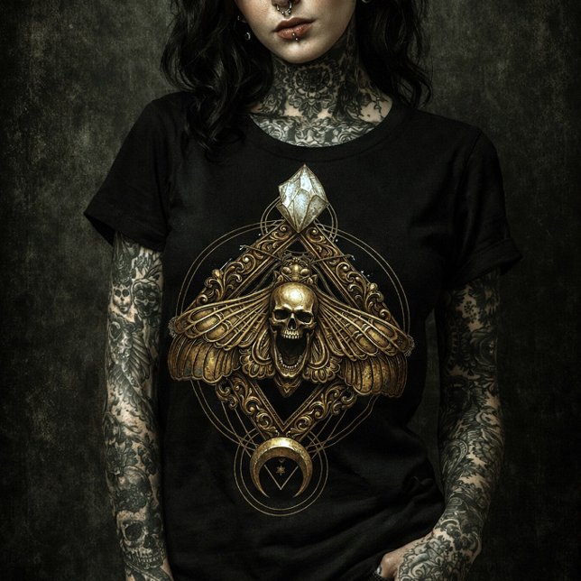 Poster Golden Death Head Moth Skull | Mystical Insect (Diseño gótico de polilla con cráneo central, ornamentos geométricos, cristal superior)