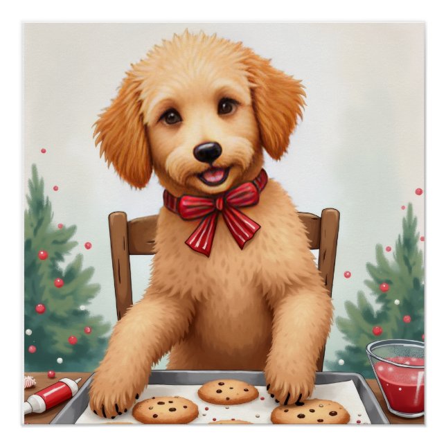 Pôster Golden Doodle Decorando Biscoitos de Natal (Frente)