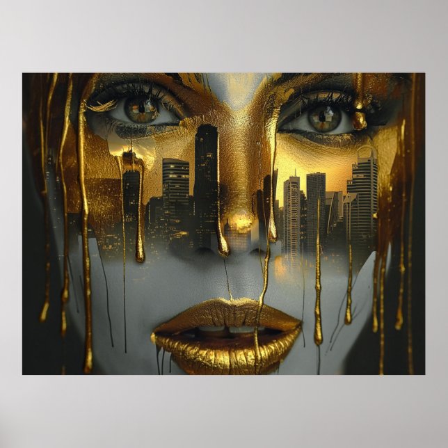 Poster Golden Face Surrealist City Urban Digital Art (Frente)