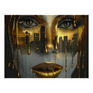 Pôster Golden Face Surrealist City Urban Digital Art