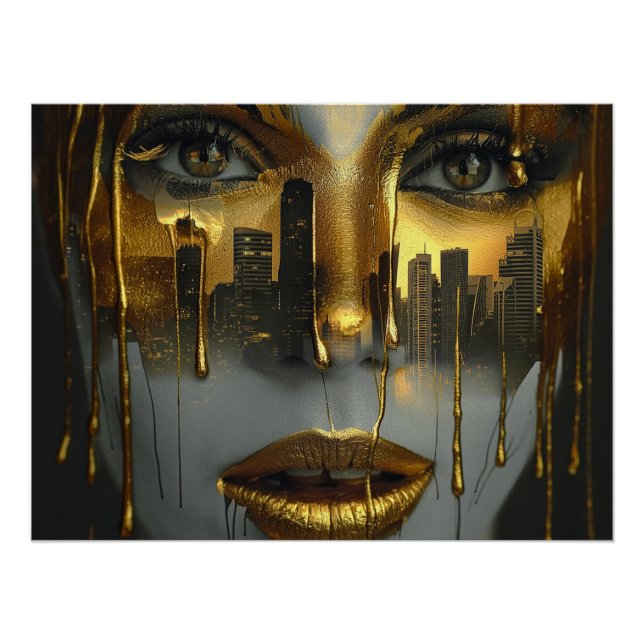 Pôster Golden Face Surrealist City Urban Digital Art (Frente)