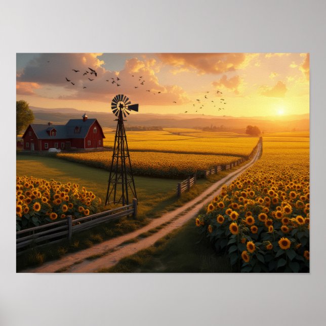 Poster Golden Fields: Sunflowers and Serenity at Sunset (Frente)