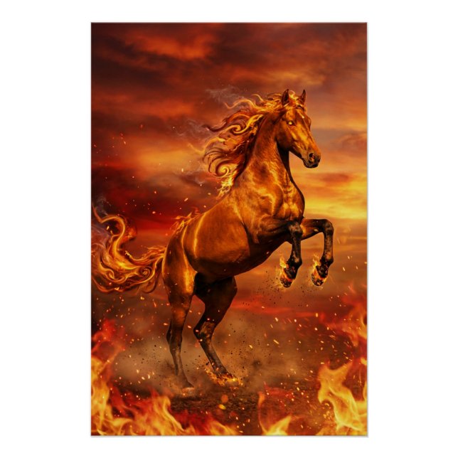 Pôster Golden Fire Stallion – Powerful Fantasy Poster (Frente)