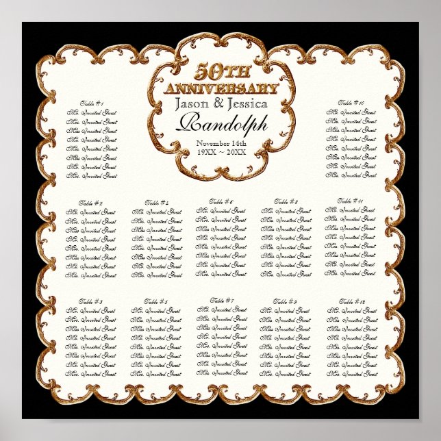 Poster Golden French Swirl 50th Reception Seating Chart (Frente)