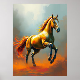 Poster Golden Horse Rears, Flowing Mane, Vibrant