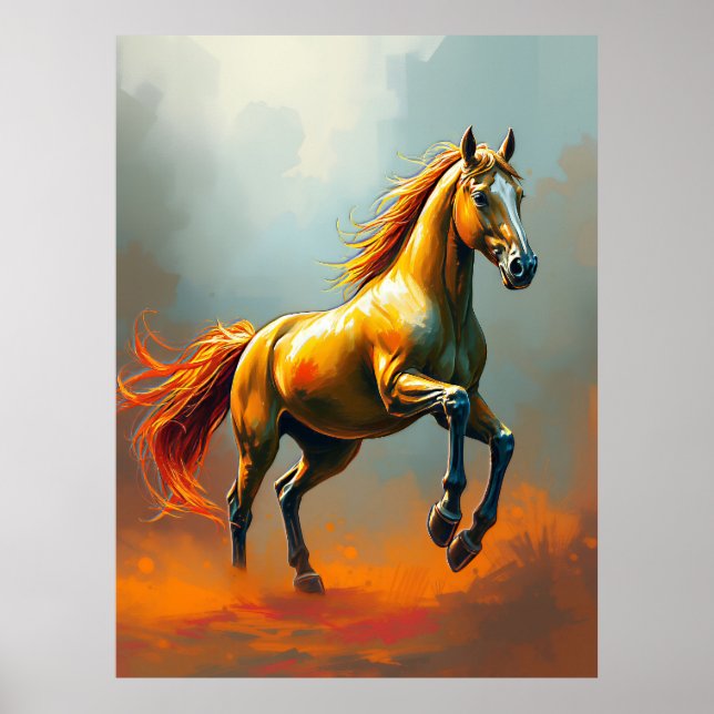 Poster Golden Horse Rears, Flowing Mane, Vibrant (Frente)