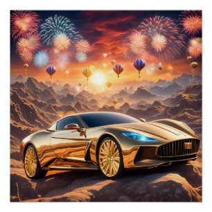 Pôster golden luxury car in a desert landscape