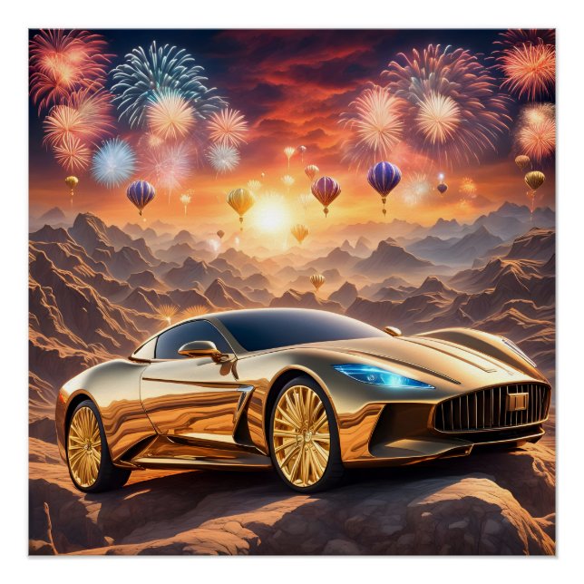 Pôster golden luxury car in a desert landscape (Frente)