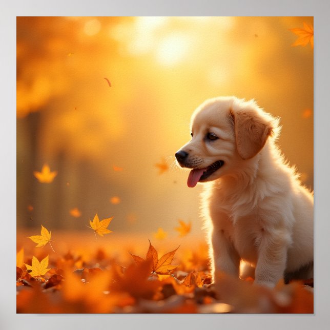 Poster Golden Retriever 8K Puppy in Autumn Maple Leaves (Frente)
