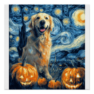 Pôster Golden Retriever Abóbora Noite Estrelada Mãe de Ca