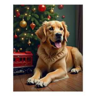 Pôster Golden Retriever ao lado do Trem de Brinquedo de N