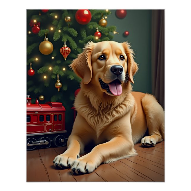 Pôster Golden Retriever by the Toy Train Christmas (Frente)