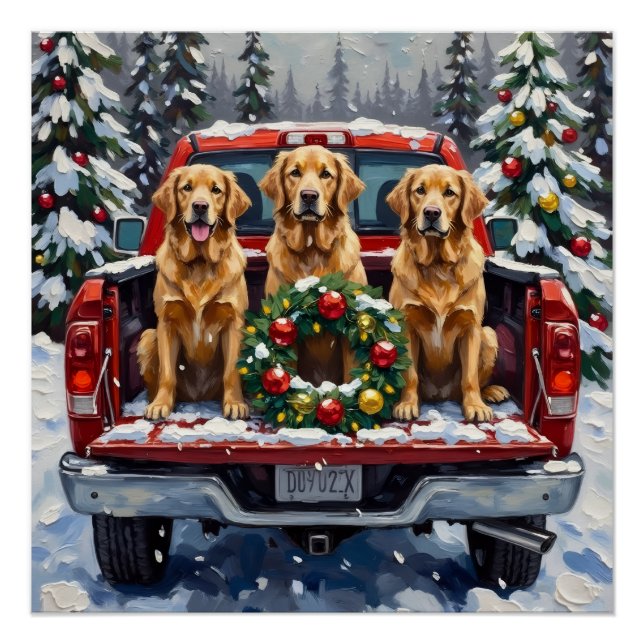 Pôster Golden Retriever Christmas Red Truck Holiday (Frente)