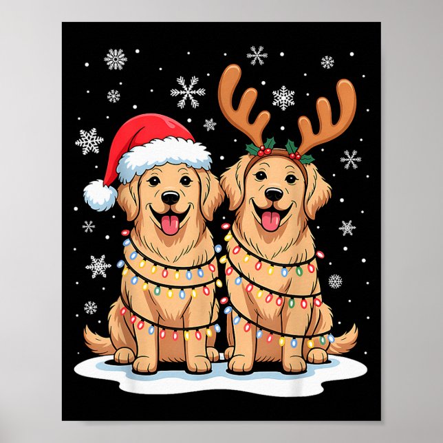 Poster Golden Retriever Christmas Santa Hat Reindeer Ligh (Frente)