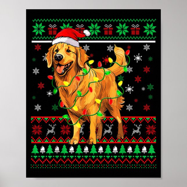 Poster Golden Retriever Christmas Santa Hat Tree Lights P (Frente)