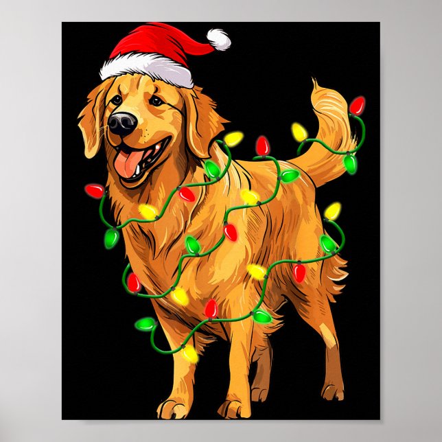 Poster Golden Retriever Christmas Santa Hat Tree Lights P (Frente)