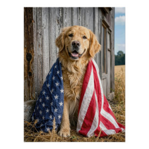 Pôster Golden Retriever Envolto em uma Bandeira Americana