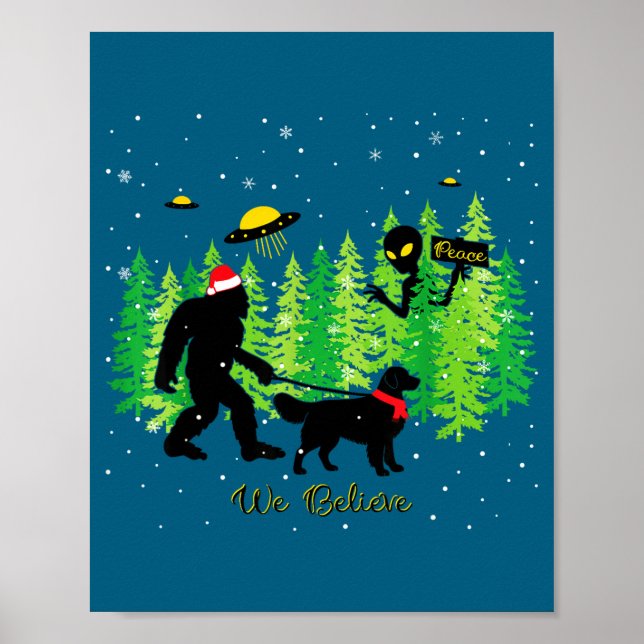 Poster Golden Retriever Funny Bigfoot Christmas Alien Ufo (Frente)