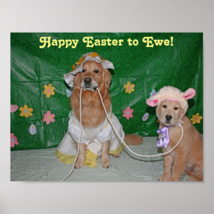 Poster Golden Retriever Girl and Lamb Happy Easter to Ewe