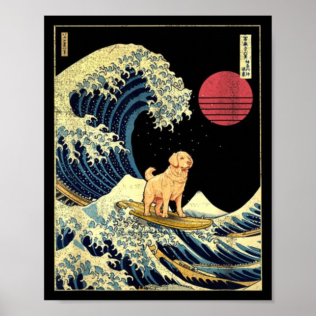 Poster Golden Retriever Japanese Kanagawa Wave Funny Surf (Frente)