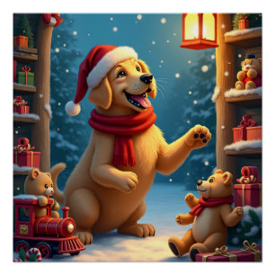 Pôster Golden Retriever na Oficina do Papai Noel Natal
