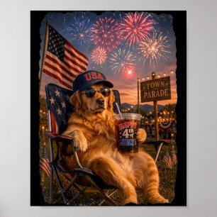 Poster Golden Retriever Patriótico Bebendo Gelado no Dia